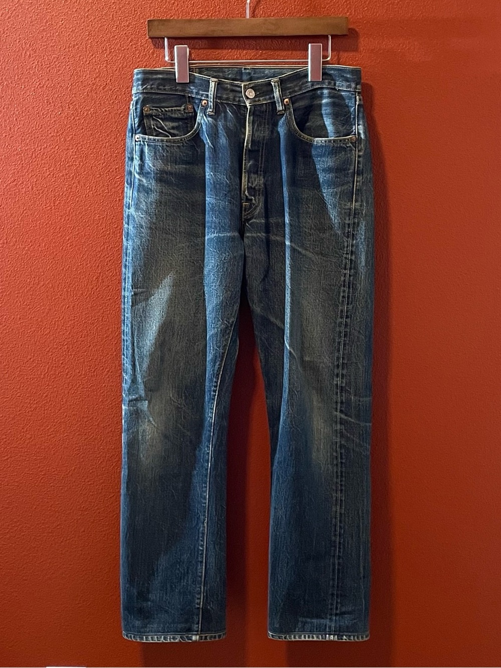 Sugar Cane Men’s 1966 Made In USA Distressed Selvedge Blue Denim Jeans